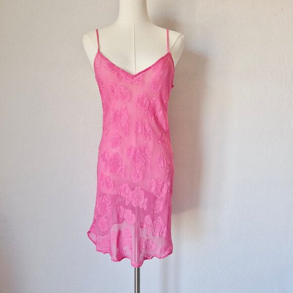 PajamaGram Silk Blend Pink Floral Textured Sheer Mini Chemise Slip Night Gown - Picture 2 of 11